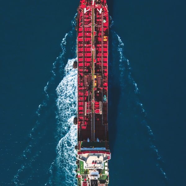 Aerial view of a cargo vessel underway